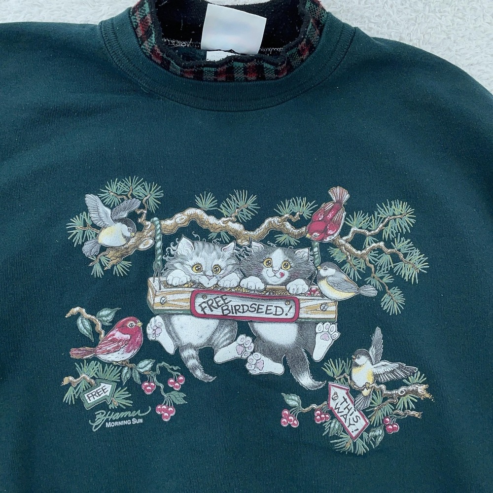 Vintage Morning Sun Sweatshirt Womens Large Green Mock Neck Plaid Cats Birds 90s
